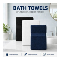 Basic Bath Towel, Soft 100% Cotton Large Towel, White, Navy, Black Pack of 3