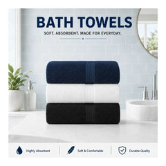 Basic Bath Towel, Soft 100% Cotton Large Towel, White, Navy, Black Pack of 3
