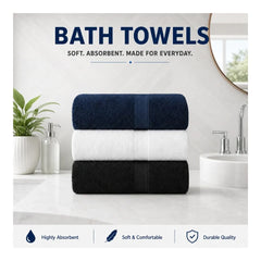 Basic Bath Towel, Soft 100% Cotton Large Towel, White, Navy, Black Pack of 3