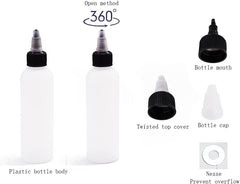 Clear plastic squeeze bottle with 360-degree twist-open cap showing labeled components: bottle body, twist outer cap, precision tip, and anti-overflow insert