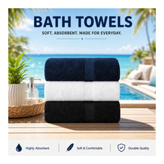 Basic Bath Towel, Soft 100% Cotton Large Towel, White, Navy, Black Pack of 3