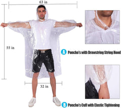 Person wearing clear disposable rain poncho with hood up