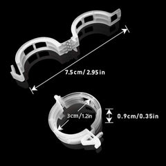 Plant support clip dimensions — 7.5cm length, 3cm inner diameter and 0.9cm height shown on black background