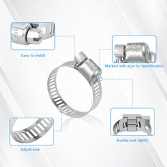Six sizes of stainless steel hose clamps laid out from 6mm to 38mm