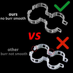 Smooth burr-free plant support clip vs rough-edged competitor clip quality comparison on black background