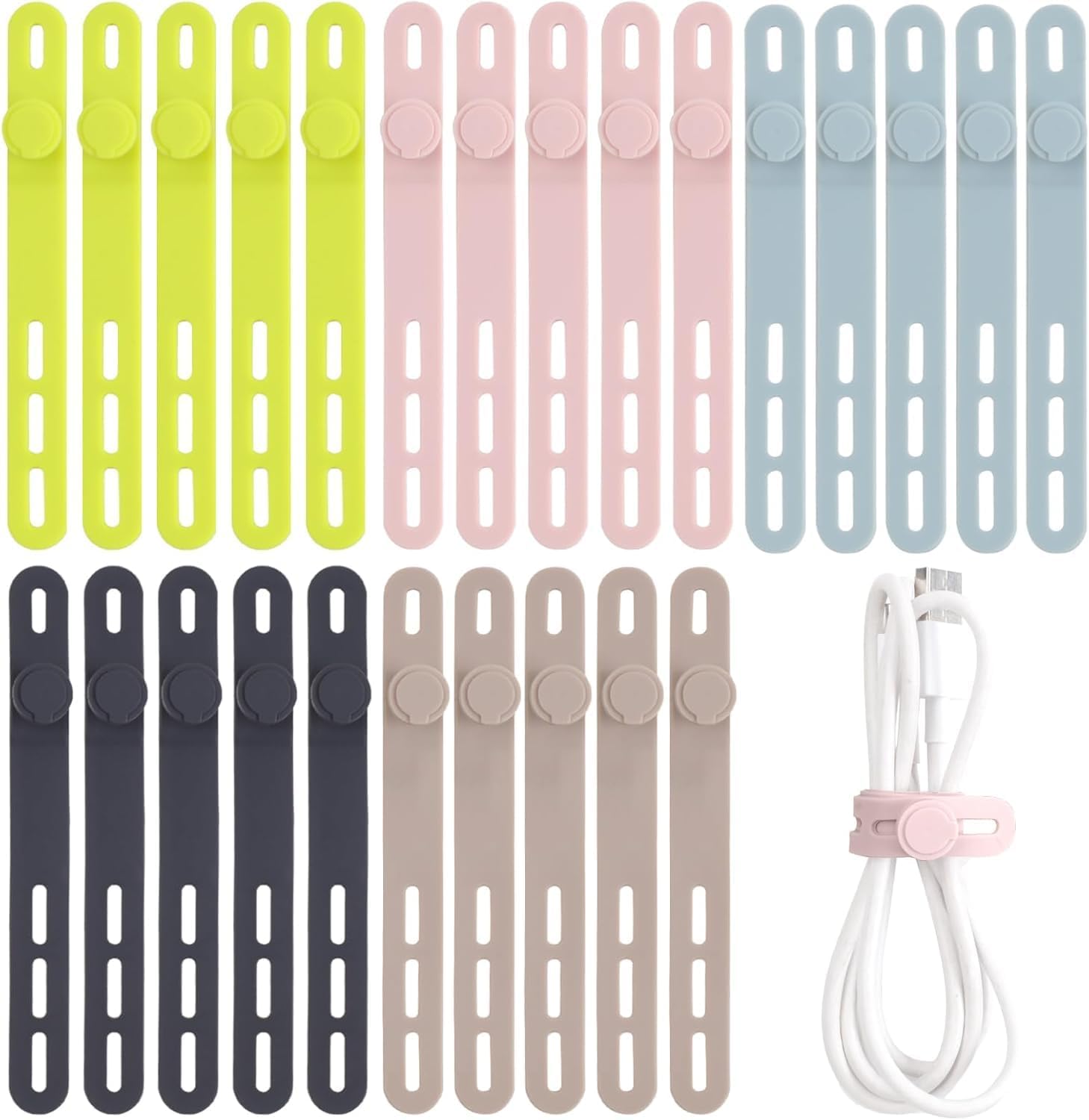 25-pack reusable silicone cable ties in five colors for cord organization