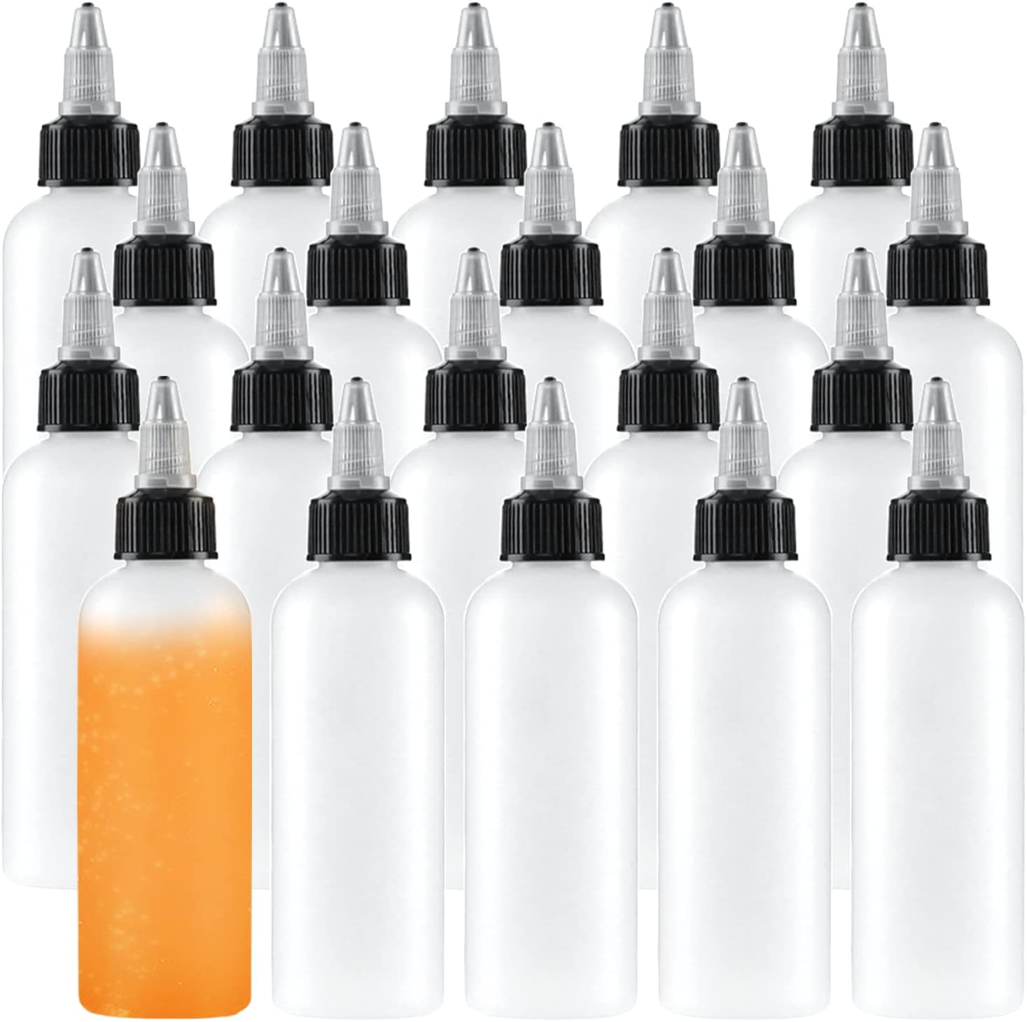 20-pack 4 oz clear plastic squeeze bottles with black and clear twist top caps, one bottle filled with orange liquid showing transparency