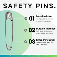 Safety pins organized by size in reusable storage box