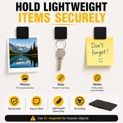 Magnetic squares attached to photos displayed on a refrigerator