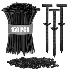 150-pack of black nylon T-style cable tie buckles and automotive retainer clips