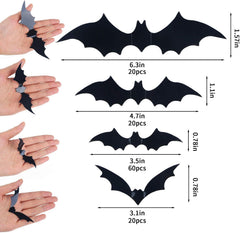 Black 3D bat wall stickers decorating a living room wall near a fireplace with candles and wreath for Halloween