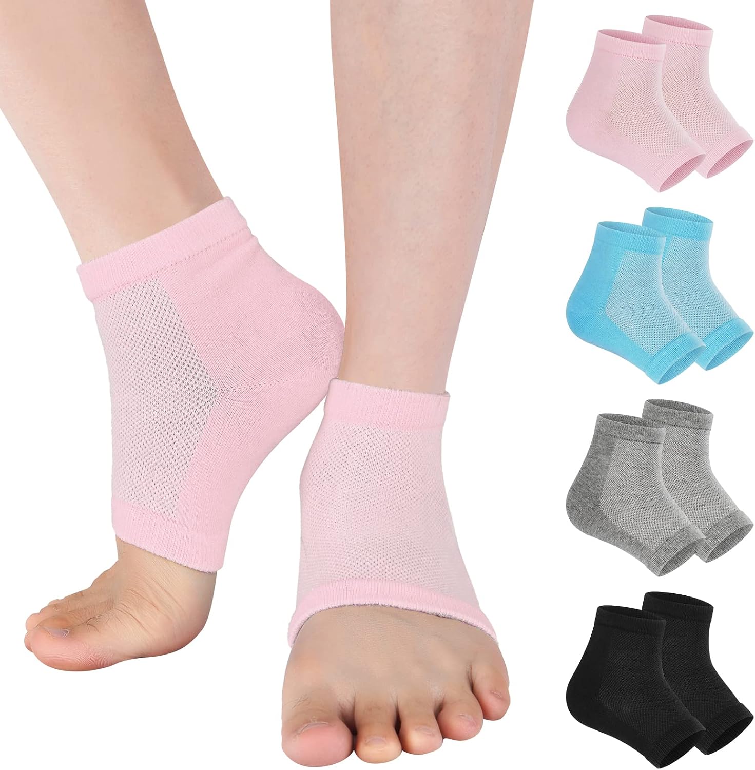 Four pairs of toeless gel heel socks for dry, rough heels