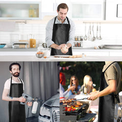 Adjustable neck strap and long back ties on vinyl work apron