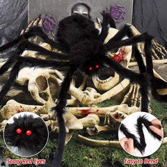 Giant black furry Halloween spider perched on a home exterior as outdoor yard decoration