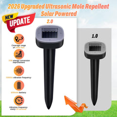 2026 upgraded solar mole repellent stake 2.0 vs 1.0 comparison with specs: 5000 ft coverage, 1000Hz vibration, 600mAh battery