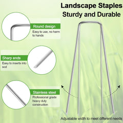 Close-up of U-shaped galvanized steel landscape staple showing round top, sharp beveled tips and adjustable width