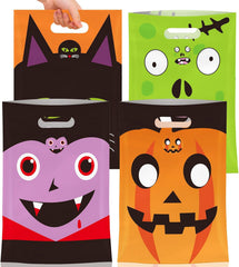 50-Pack Halloween Goodie Bags with Handles – Plastic Trick-or-Treat Candy Bags, 4 Spooky Designs