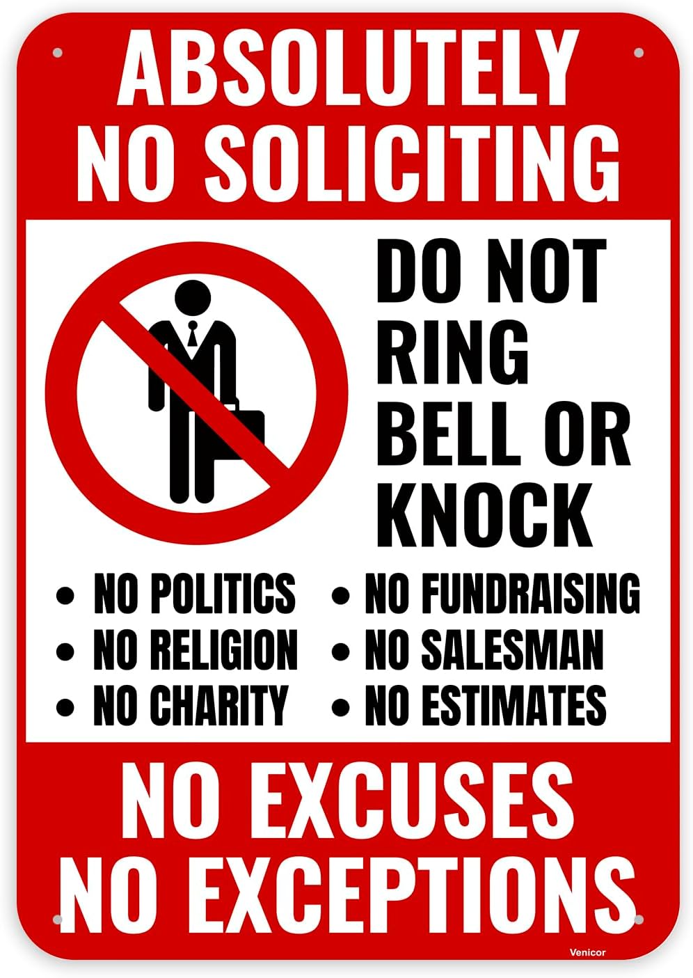 10x7 inch aluminum No Soliciting sign with red and white lettering