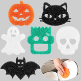 Six-piece Halloween non-scratch dish sponge set with ghost, bat, pumpkin, cat, skull, and spooky character designs