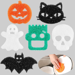 Six-piece Halloween non-scratch dish sponge set with ghost, bat, pumpkin, cat, skull, and spooky character designs
