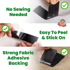 Self-adhesive hook and loop tape strip pressed onto denim fabric for no-sew clothing repair