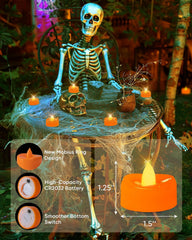 Orange battery-operated flameless tea lights with soft-flickering warm white light