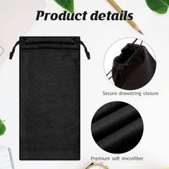 Stack of black microfiber eyewear pouches showing bulk quantity