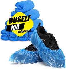 Blue disposable shoe covers, 100-pack (50 pairs) with non-slip textured soles