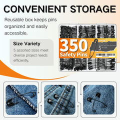 Size chart of black safety pins from small to jumbo