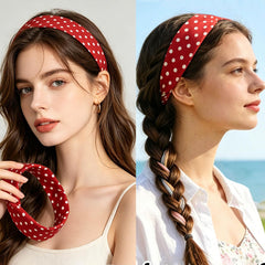 Woman wearing retro polka dot headband during skincare or face washing routine