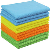 Stack of folded microfiber cleaning cloths in blue, green, yellow, and orange