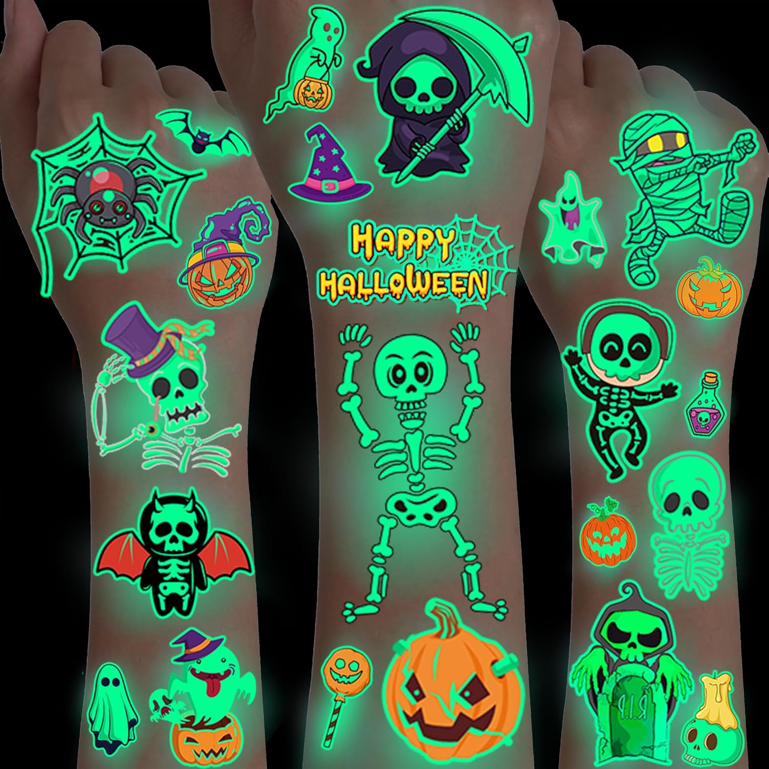 Glow-in-the-dark Halloween temporary tattoos with pumpkins, ghosts, skeletons, bats, and witches shown on arms