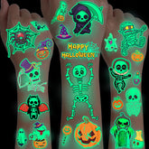 Glow-in-the-dark Halloween temporary tattoos with pumpkins, ghosts, skeletons, bats, and witches shown on arms
