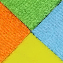 12-pack of microfiber cleaning cloths in four colors laid out flat