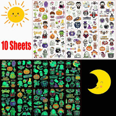 Ten sheets of Halloween temporary tattoos shown in regular light and glowing green with colorful spooky designs