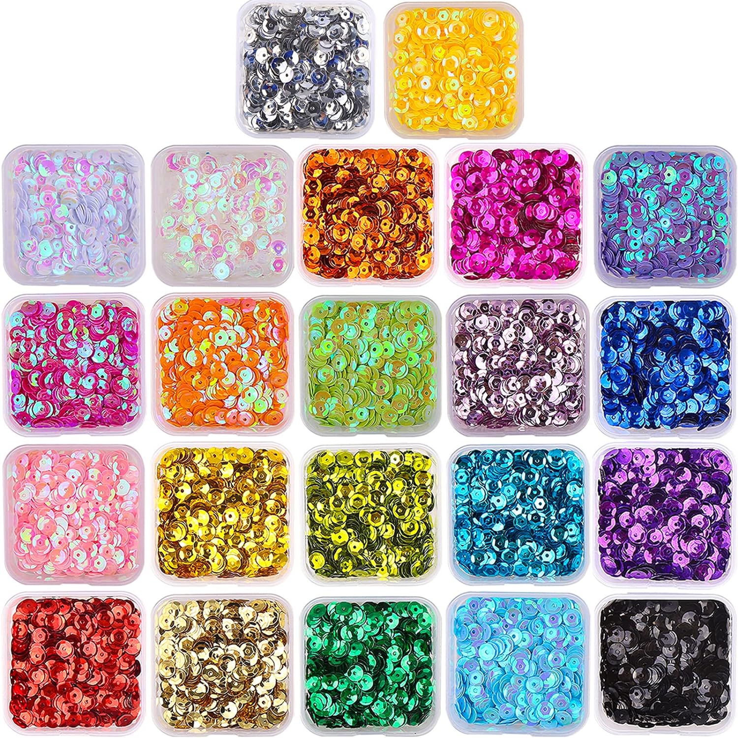 9800-piece 6mm bulk loose sequins in 22 assorted colors organized in individual clear storage boxes