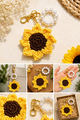 Handmade Crochet Sunflower Pearl Keychain Bag Charm Purse Pendant Car Key Ring