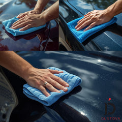 Dustova Microfiber Cleaning Towels 16"x16" – 4 Pack Multi-Color (Yellow, Blue, Green, Orange) – Individually Wrapped for Kitchen, Household, Car, Polishing & Detailing