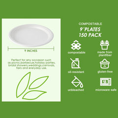 150 Pack Paper Plates 9 Inch 100% Compostable Plates Heavy-Duty Disposable Paper Plates 