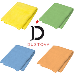 Dustova Microfiber Cleaning Towels 16"x16" – 4 Pack Multi-Color (Yellow, Blue, Green, Orange) – Individually Wrapped for Kitchen, Household, Car, Polishing & Detailing