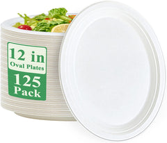 100% Compostable Oval Paper Plates 12 Inch 125 Pack Super Strong  Natural Biodegradable Eco-Friendly