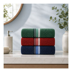 Basic Bath Towel, Soft 100% Cotton Striped Towel, Red, Blue, Green Pack of 3