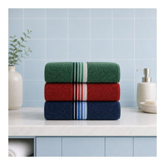 Basic Bath Towel, Soft 100% Cotton Striped Towel, Red, Blue, Green Pack of 3