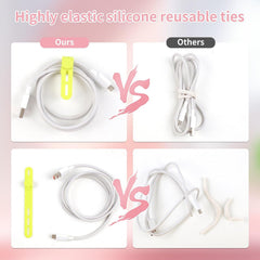 Reusable silicone cable tie versus traditional cord tie comparison showing organized vs tangled cables