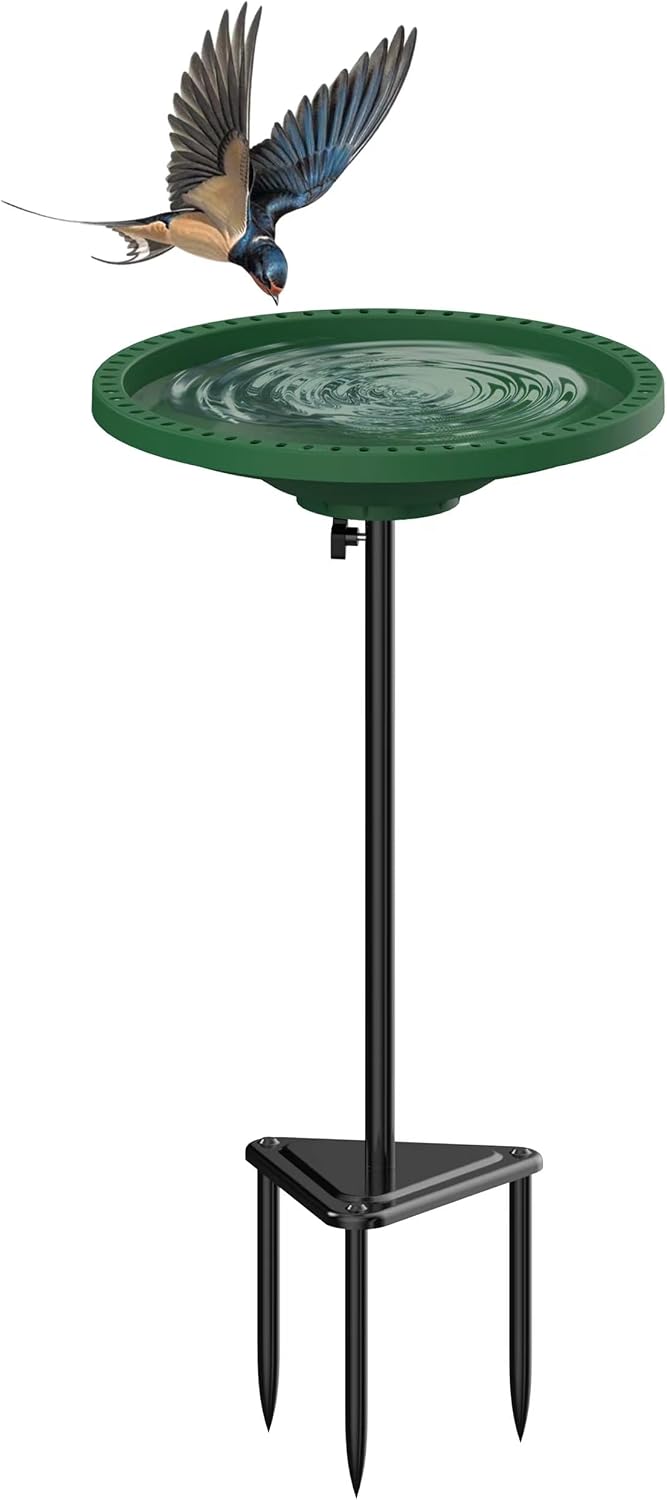 38.5-inch green metal bird bath with shallow bowl, triangular stake base, and bird in flight