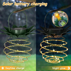 Pineapple lantern lights hanging on a patio pergola