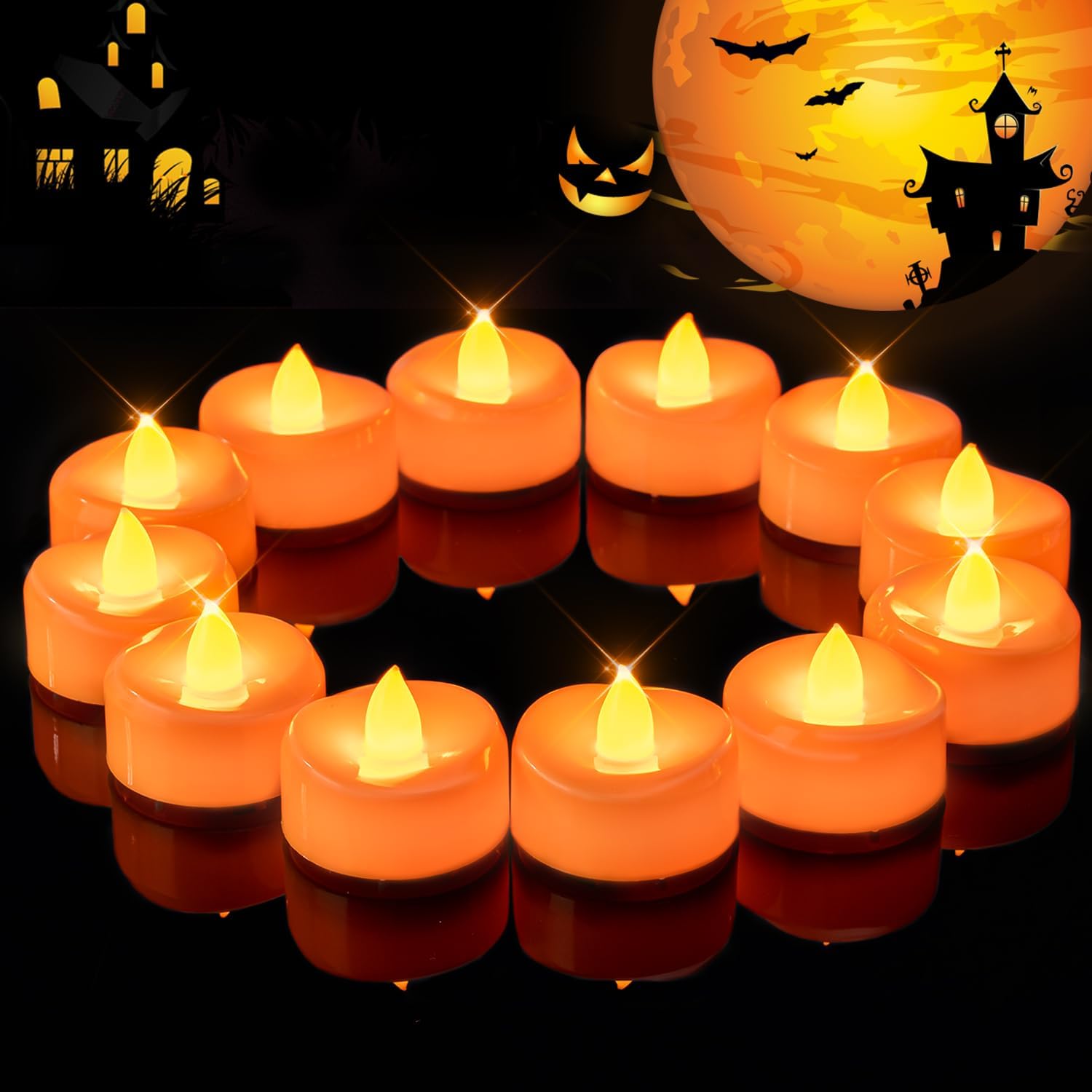 24-pack orange flameless LED tea lights for Halloween decor