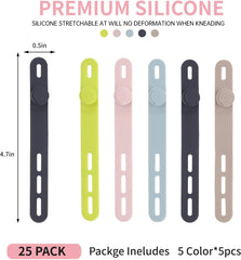 Silicone cable ties dimensions 4.7 by 0.5 inches shown in green pink blue dark gray and khaki 25 pack