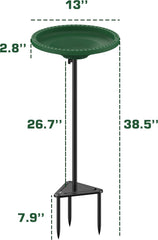 38.5-inch green metal bird bath with shallow bowl, triangular stake base, and bird in flight