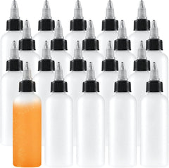 20-pack 4 oz clear plastic squeeze bottles with black and clear twist top caps, one bottle filled with orange liquid showing transparency